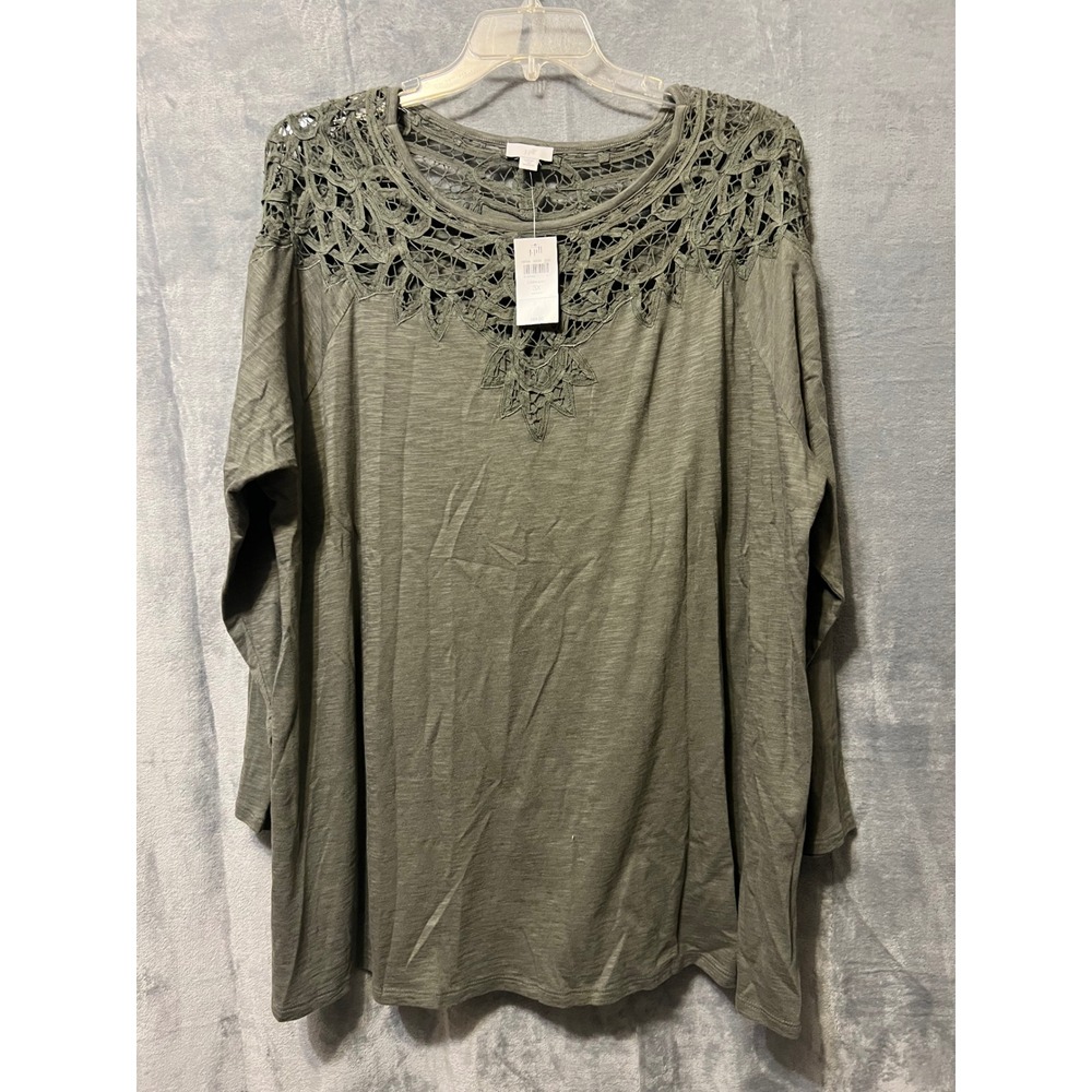 J.Jill‎ Caraway Lace Trim Olive Green Long Sleeve Knit Top 3X Womens Boho Gypsy